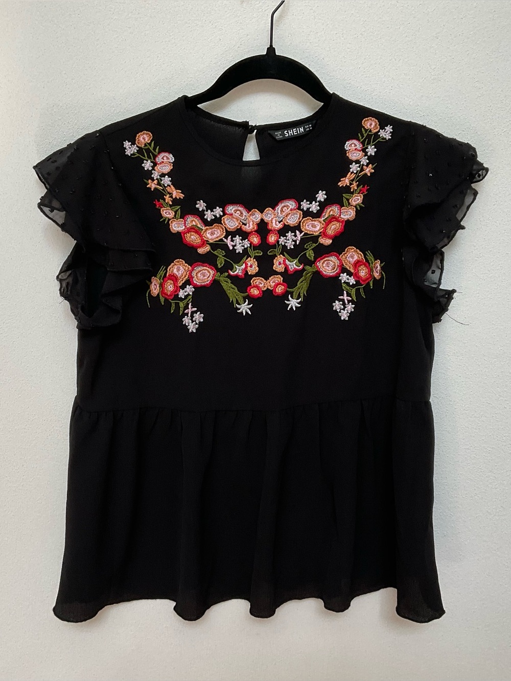 Shein Black Ruffle Sleeve Top With Red, Orange Floral Embroidery Size Medium